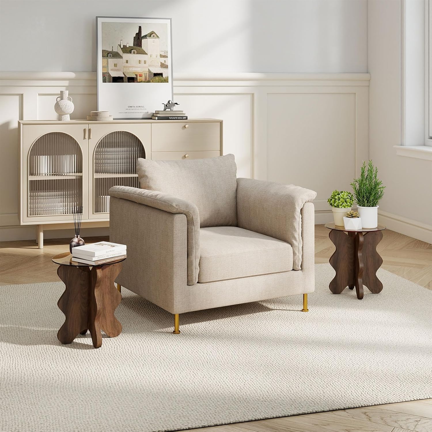 MDF Frame Side Table with Brown Tempered Glass Top, Mortise and Tenon Joint Design, No Screw Easy Assembly, Sturdy End Table for Living Room, Bedroom (Seaweed-Brown)