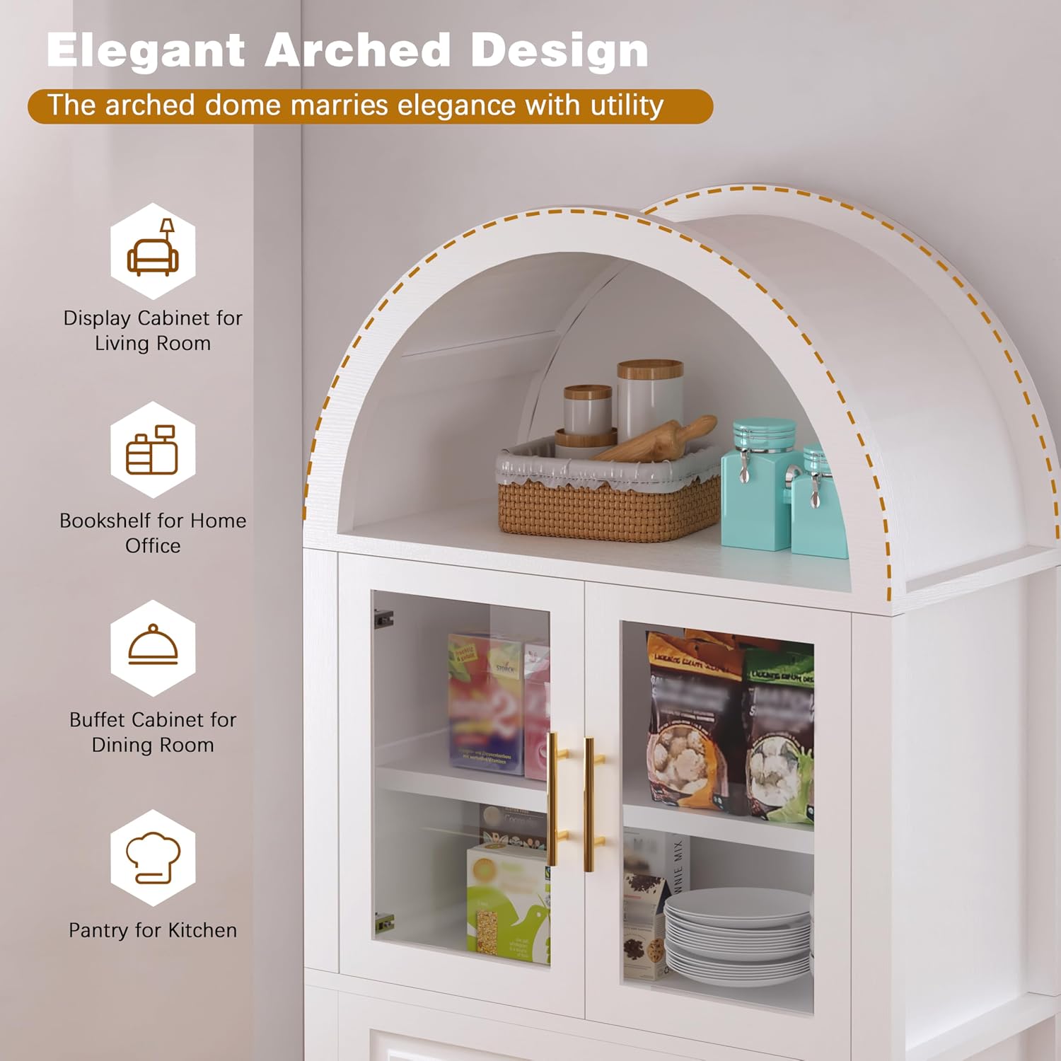 71" Tall Arched Kitchen Pantry Cabinet, Farmhouse Pantry Cabinet with Glass Door & 6 Internal Storage Racks, Adjustable Shelves Storage Cabinets for Kitchen, Living Room, Dining Room, Bathroom