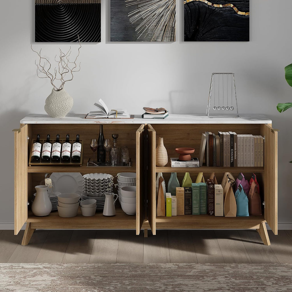 59'' Sideboard Buffet Cabinet with Storage, Fluted Cabinet with Rounded Corners, Modern Buffet Table Accent with 4 Doors for Coffee Bar, Console Table,Oak
