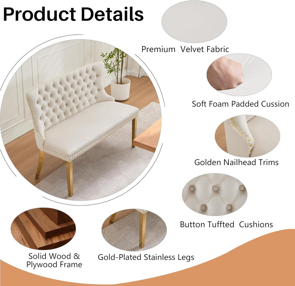 Upholstered Dining Bench with Back Button Tufted Settee Benches Small Loveseat Sofa Couch for Small Spaces,Entryway,Kitchen Banquettee Seating Sofa Benches with Backrest (Beige, Dining Bench)