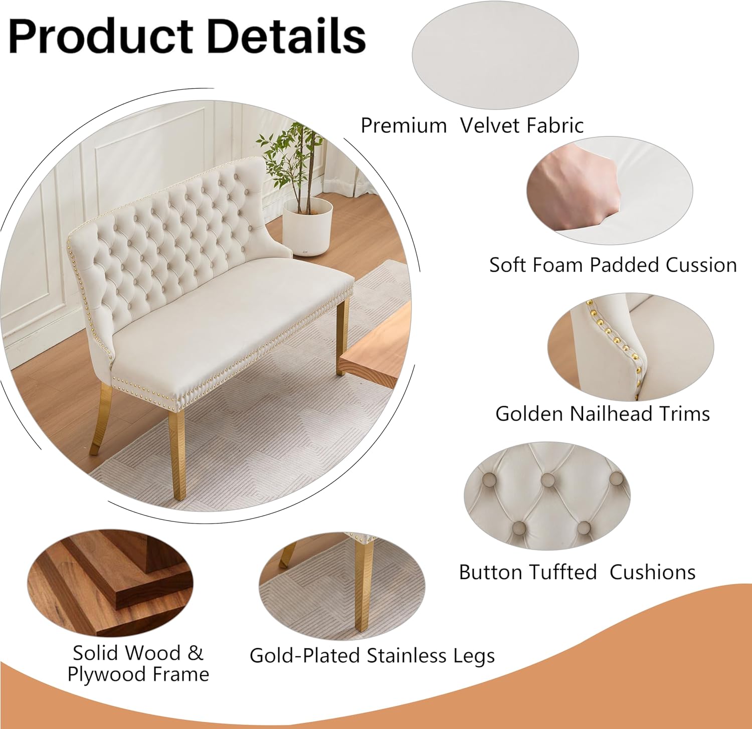 Upholstered Dining Bench with Back Button Tufted Settee Benches Small Loveseat Sofa Couch for Small Spaces,Entryway,Kitchen Banquettee Seating Sofa Benches with Backrest (Beige, Dining Bench)