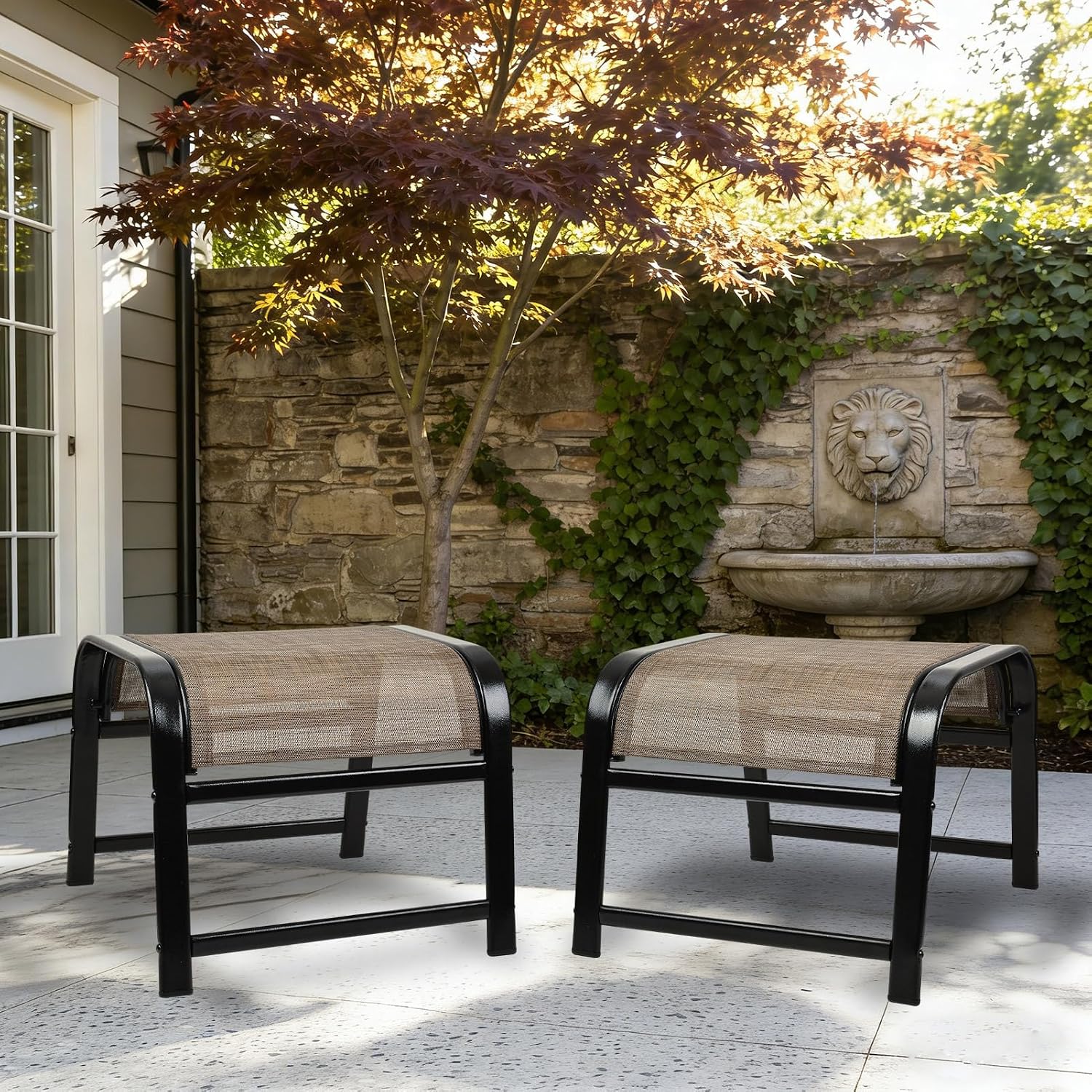 Outdoor Ottoman Patio Footstool 2 Set Modern Breathable Metal Frame Foot Rest Brown