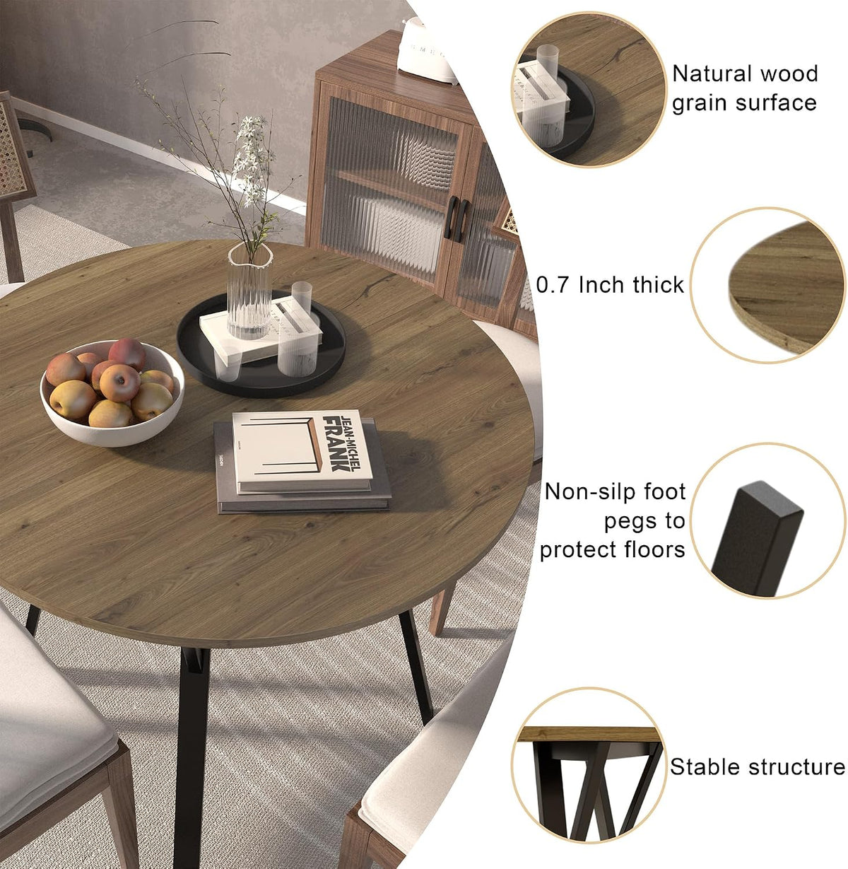 Round Dining Table 36" Wood Kitchen Table with Black Metal Legs, Modern Small Circular Kitchen Table for 2-4 People, Space Saving for Dining Room Apartment Kitchen