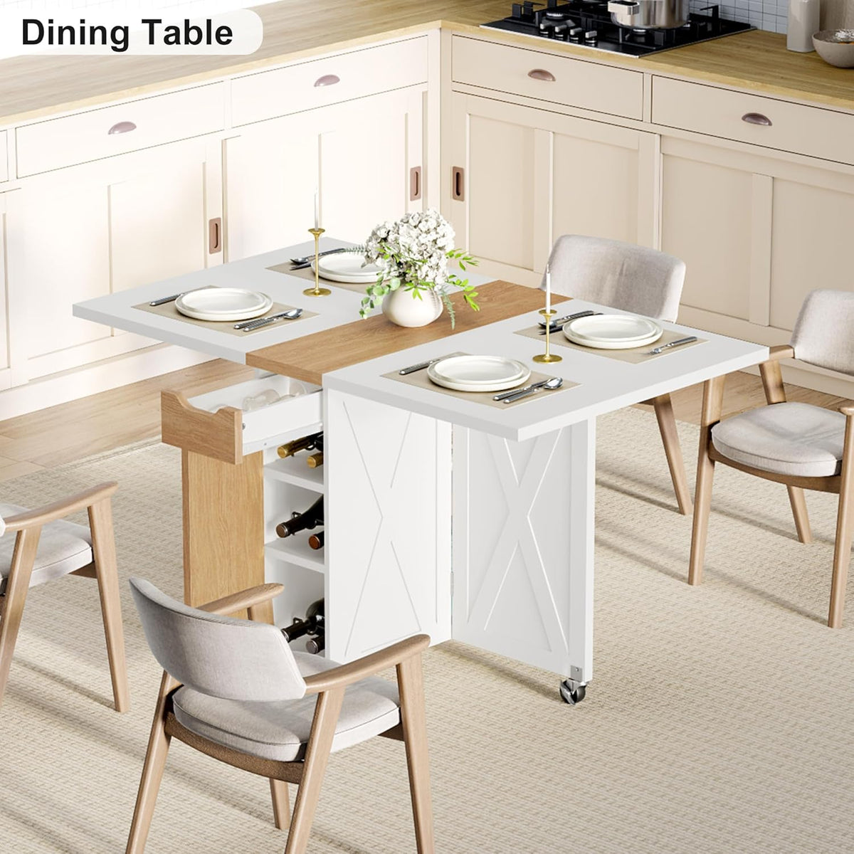 Folding Dining Table with 6 Wheels, Drop Leaf Tables for Small Spaces, Foldable Dining Table with 2-Layer Storage Rack, Kitchen Table with Drawer (White and Oak)