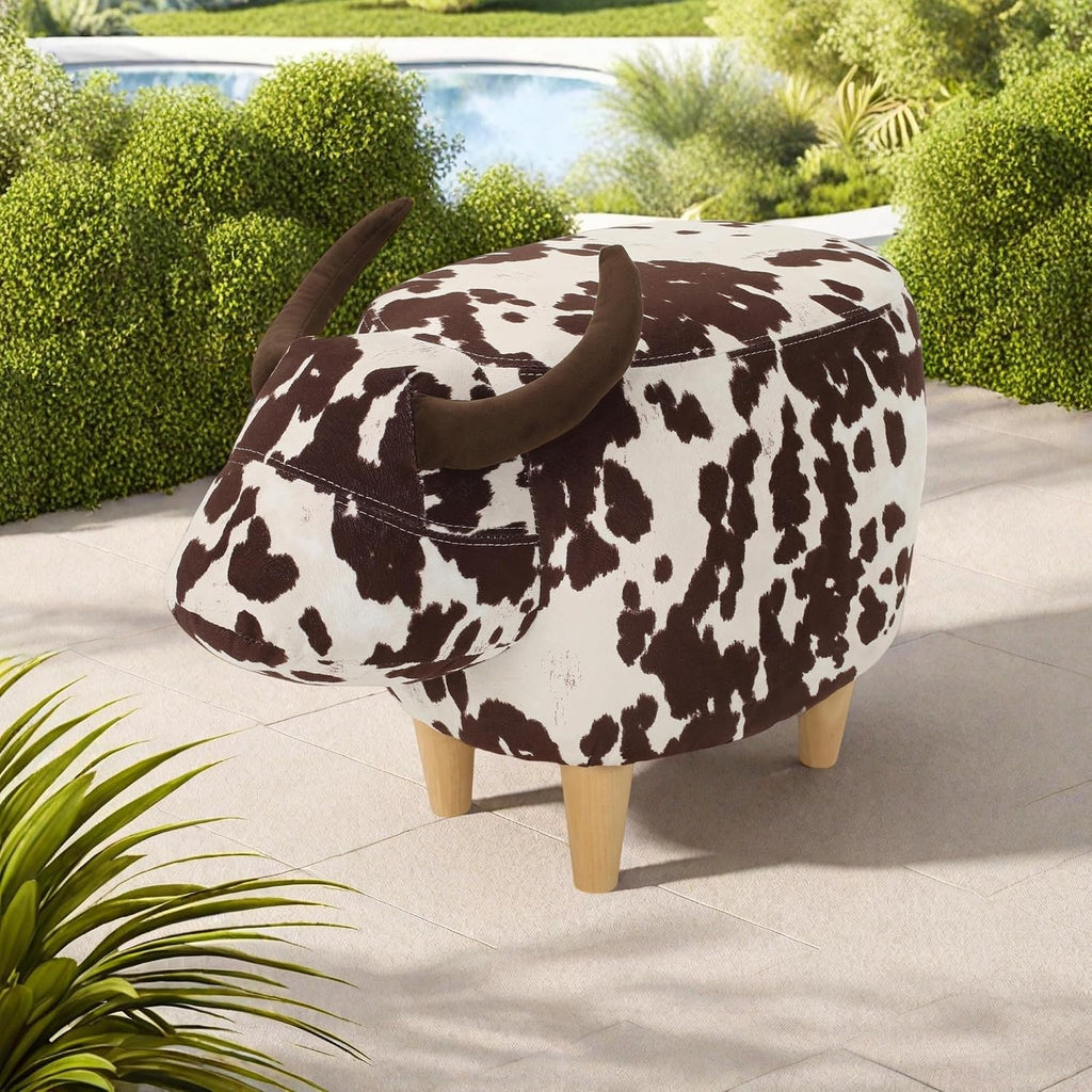 Modern Footstool, Cow-Shaped Ottoman with Birch Legs Cute Velvet Foot Rest for Couch Sofa, Artsy Animal Print Foot Stool for Living Room, Bedroom, Porch, Garden, Balcony Decor (Brown + White）