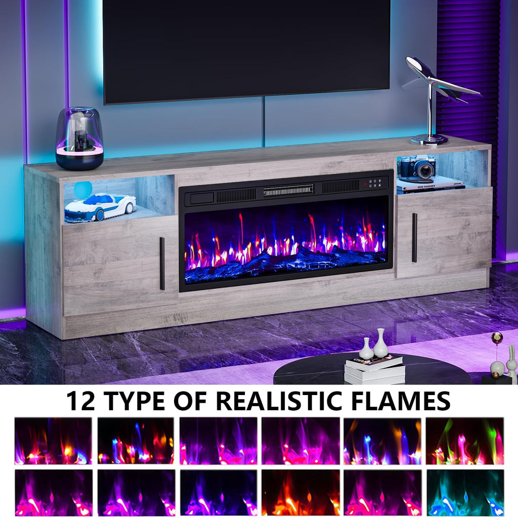 PRETZI Fireplace TV Stand with 36" Fireplace Up to 80" TVs for Living Room | 70" Modern Wood Texture Entertainment Center with Adjustable LED Lights, TV Media Console with Highlight Storage Cabinet,Gray