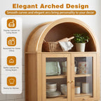 SOFTSEA 71" Tall Kitchen Pantry Cabinet with Adjustable Shelves, Fluted Arched Cupboard Cabinet with Hidden Drawer & Glass Door, Kitchen Hutch with Door Shelves for Dining Room, Oak
