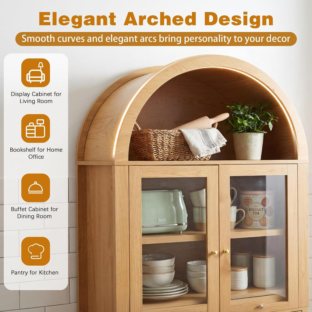 71" Tall Arched Kitchen Pantry with Drawer,Glass Door,Door Racks, Fluted Hutch Cabinet with Storage & Adjustable Shelves,Cupboard Buffet Cabinet for Living Room, Coffee Bar Corner(Natural) (Natural-1)