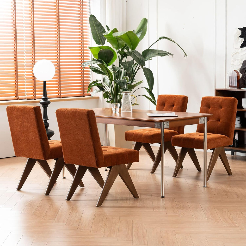 Rowill Modern Upholstered Dining Chairs Parsons Chair Linen Fabric Kitchen Chairs Tufted Armless Dining Room Chairs with Wood Legs Set of 4, Burnt Orange