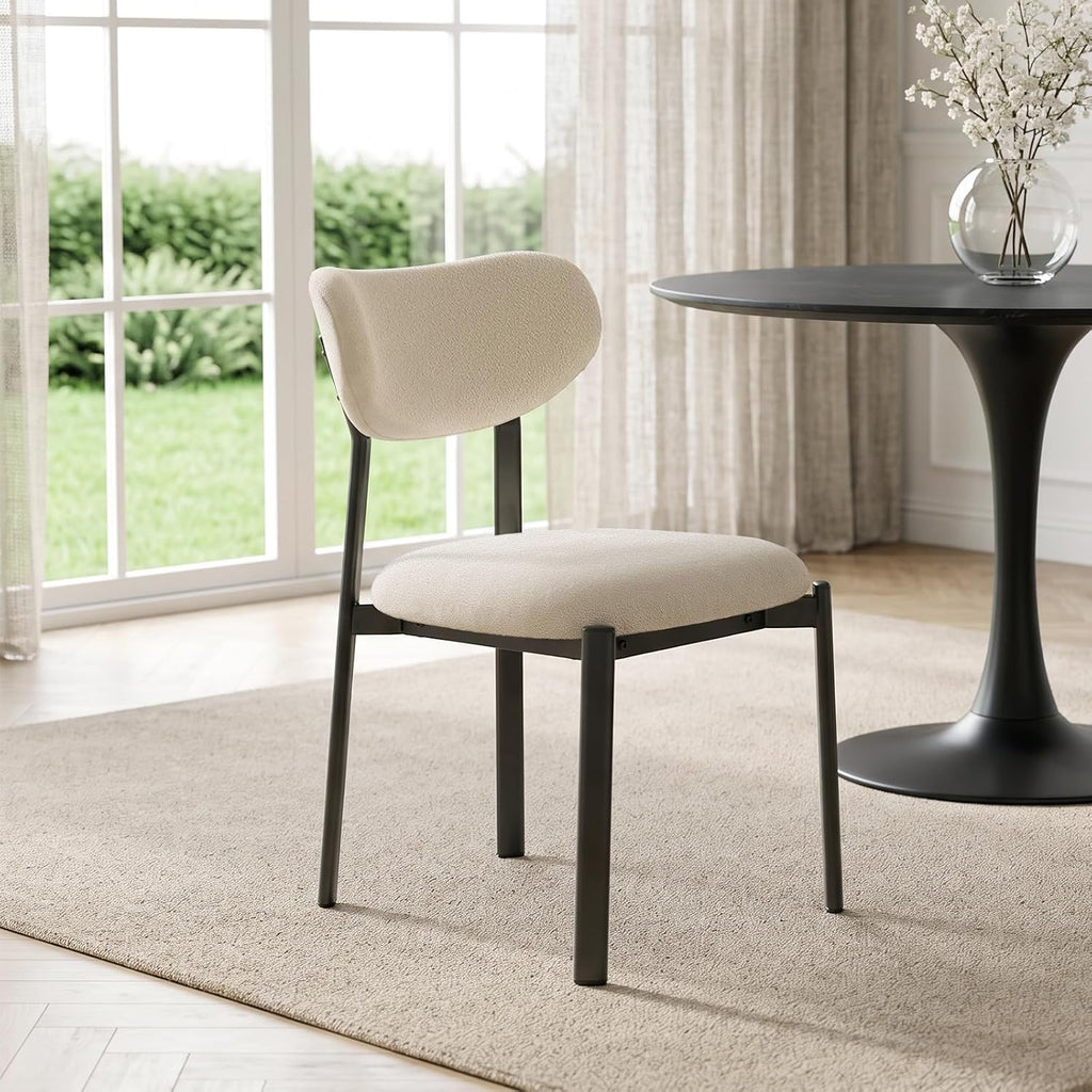 Dining Chairs, Modern Upholstered Fabric Kitchen Chairs | Textured Fabric, Curved Back, Upholstered Seat, Metal Frame, Dining Room, Kitchen, Breakfast Nook, Restaurant, White