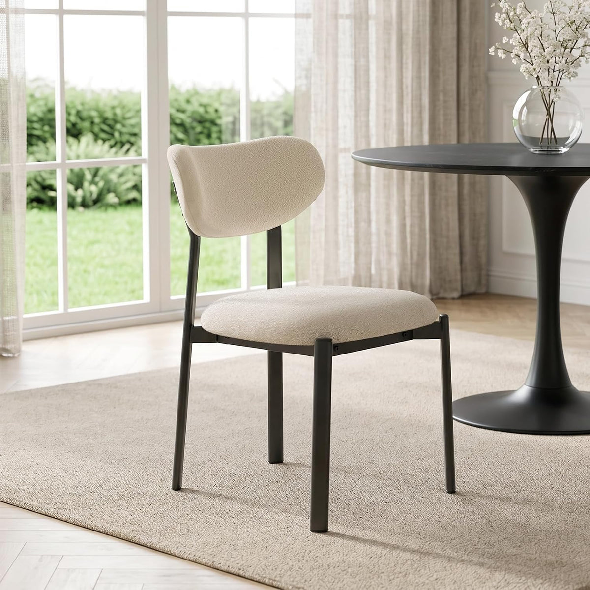 Dining Chairs, Modern Upholstered Fabric Kitchen Chairs | Textured Fabric, Curved Back, Upholstered Seat, Metal Frame, Dining Room, Kitchen, Breakfast Nook, Restaurant, White