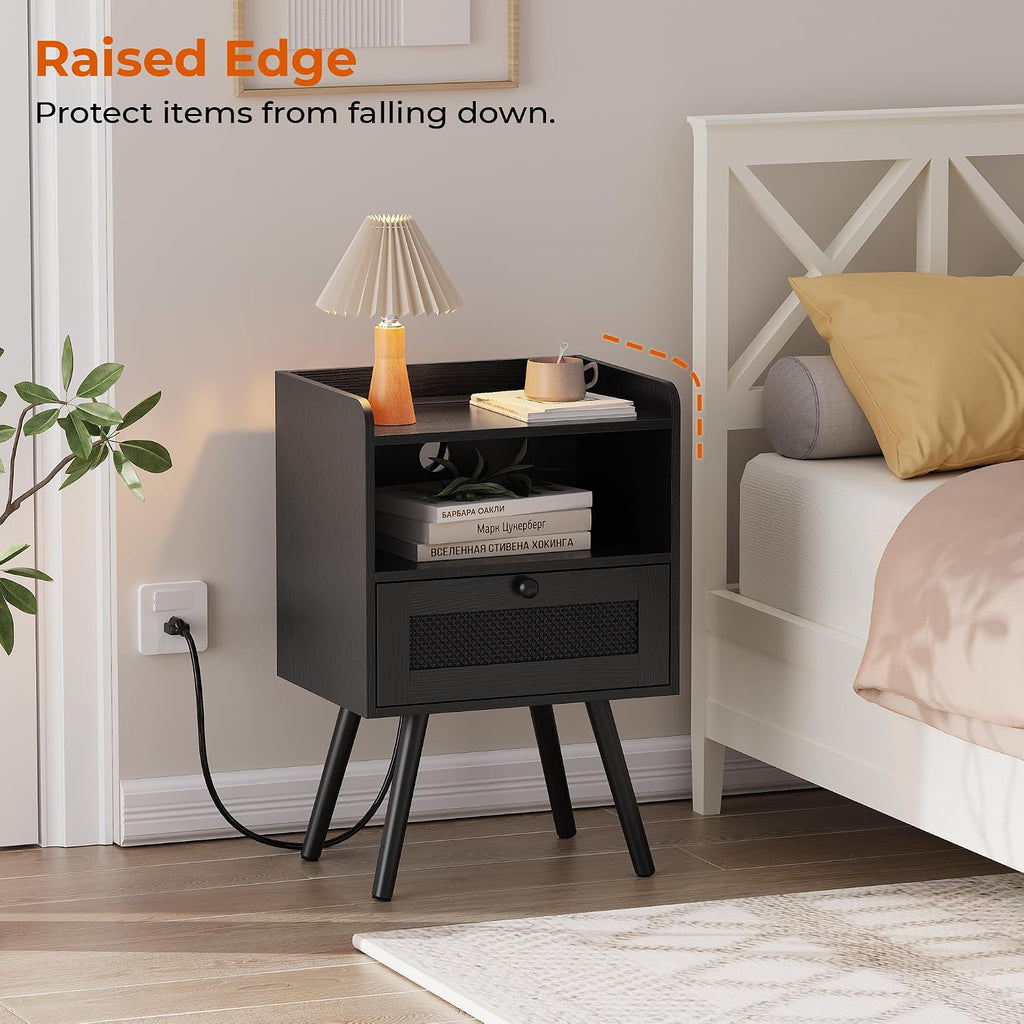 SUPERJARE Nightstands with Charging Station, Bedside Table Set of 2 with Texilene Surface Drawers, Rattan Side Table with Storage & Solid Wood Feet, End Table for Bedroom, All Black
