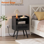 SUPERJARE Nightstands with Charging Station, Bedside Table Set of 2 with Texilene Surface Drawers, Rattan Side Table with Storage & Solid Wood Feet, End Table for Bedroom, All Black