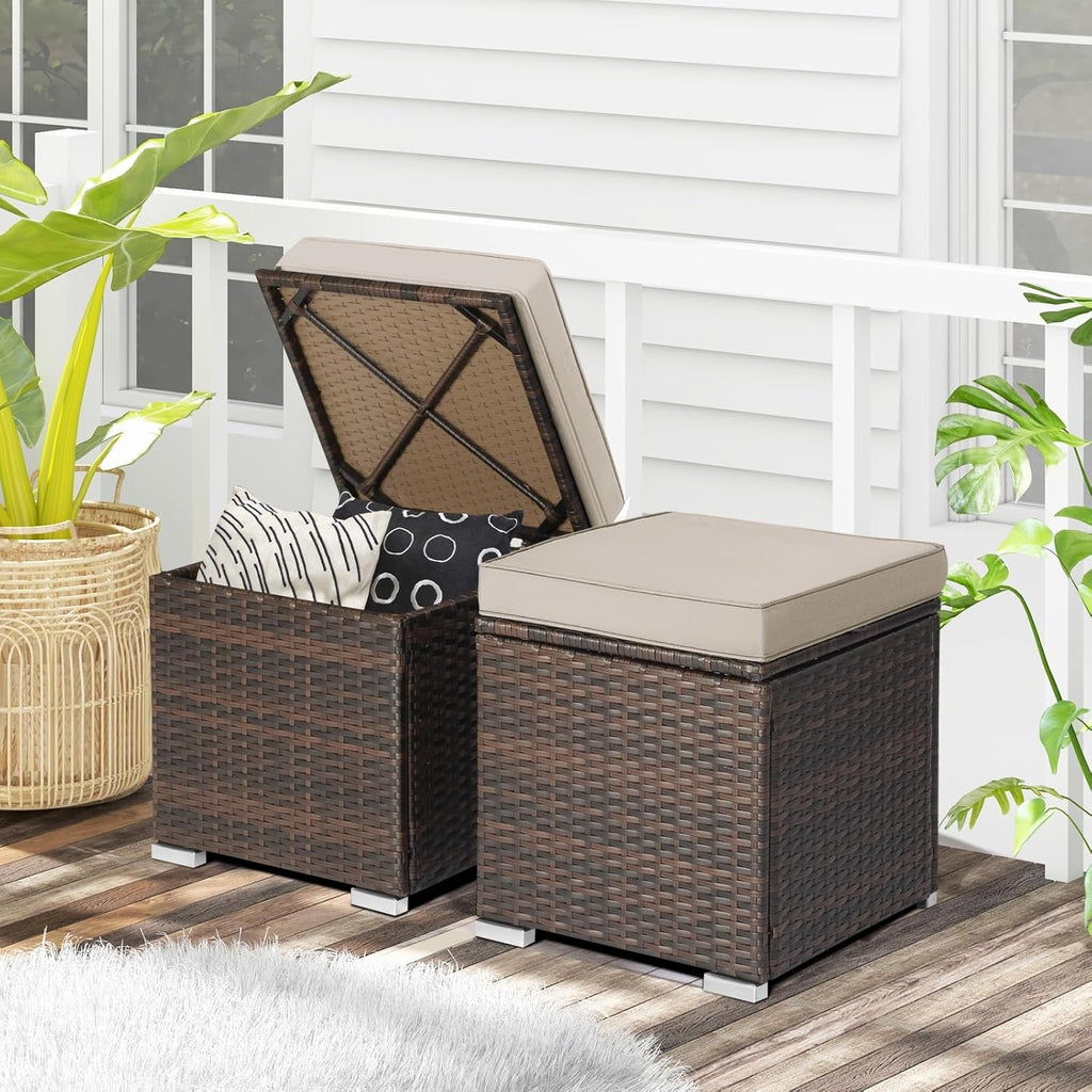RELAX4LIFE Wicker Outdoor Storage Ottoman, 2-Piece Rattan Footstool w/Removable Cushion, Multipurpose Footrest Stool Side Table Additional Seating, Set of 2 Outdoor Ottomans for Patio Deck (Beige)