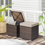 RELAX4LIFE Wicker Outdoor Storage Ottoman, 2-Piece Rattan Footstool w/Removable Cushion, Multipurpose Footrest Stool Side Table Additional Seating, Set of 2 Outdoor Ottomans for Patio Deck (Beige)