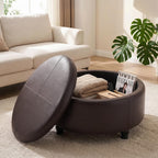 30-Inch Round Ottoman, Leather Ottoman with Storage (Brown)