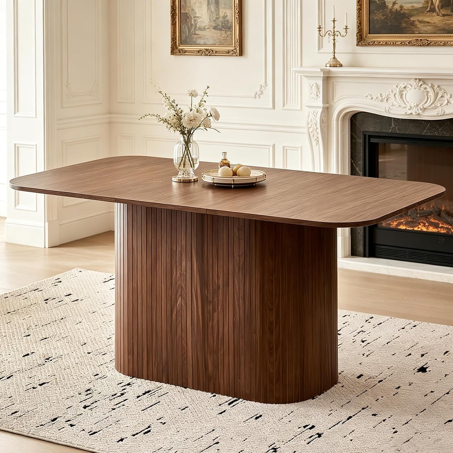 63" Large Dining Table for 4 6, [Rounded Corners] [Grooved Pedestal Base] Modern Rectangle Kitchen Dinner Dining Living Room Table