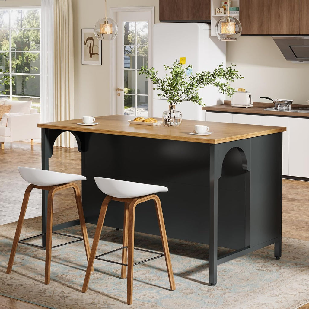 Tribesigns Kitchen Island with 3 Storage Shelves, 55" W Kitchen Shelf with Large Countertop and Seating Area, Modern Wooden Coffee Bar Table (Black)