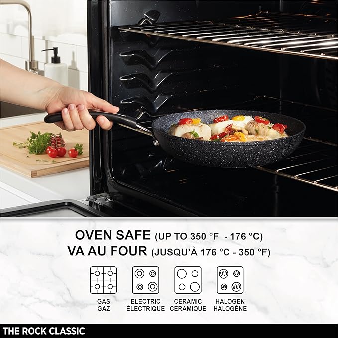 Starfrit The Rock 7PC Non-Stick Cookware Set - Durable Forged Aluminum - Oven Safe - PFOA Free - Easy to Clean - Black