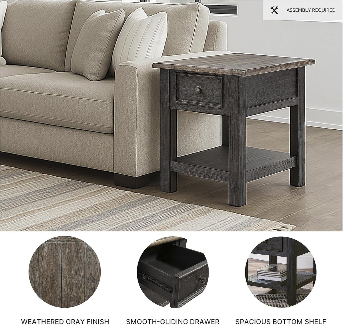 BOWERY HILL Contemporary Wood End Table, Grayish Brown and Black Finish, 1 Drawer and Bottom Shelf, Dark Bronze-Tone Hardware, 25.13" H x 24" W x 27" D, Shabby Chic Living Room Accent