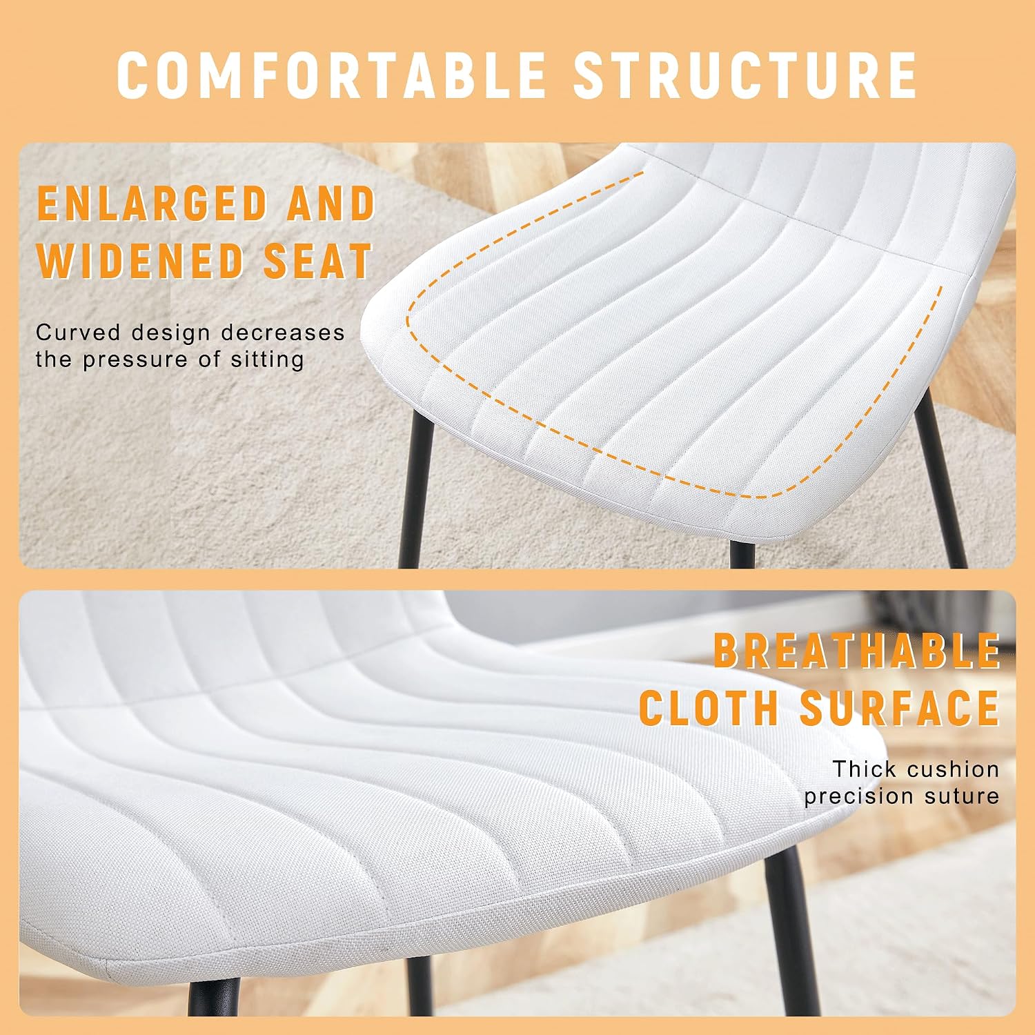 Dining Chairs Set of 4, White Linen Kitchen Chairs Heavy Duty Restaurant Chair Striped Modern Parson Chair with Metal Leg for Kitchen Restaurant Dining Room
