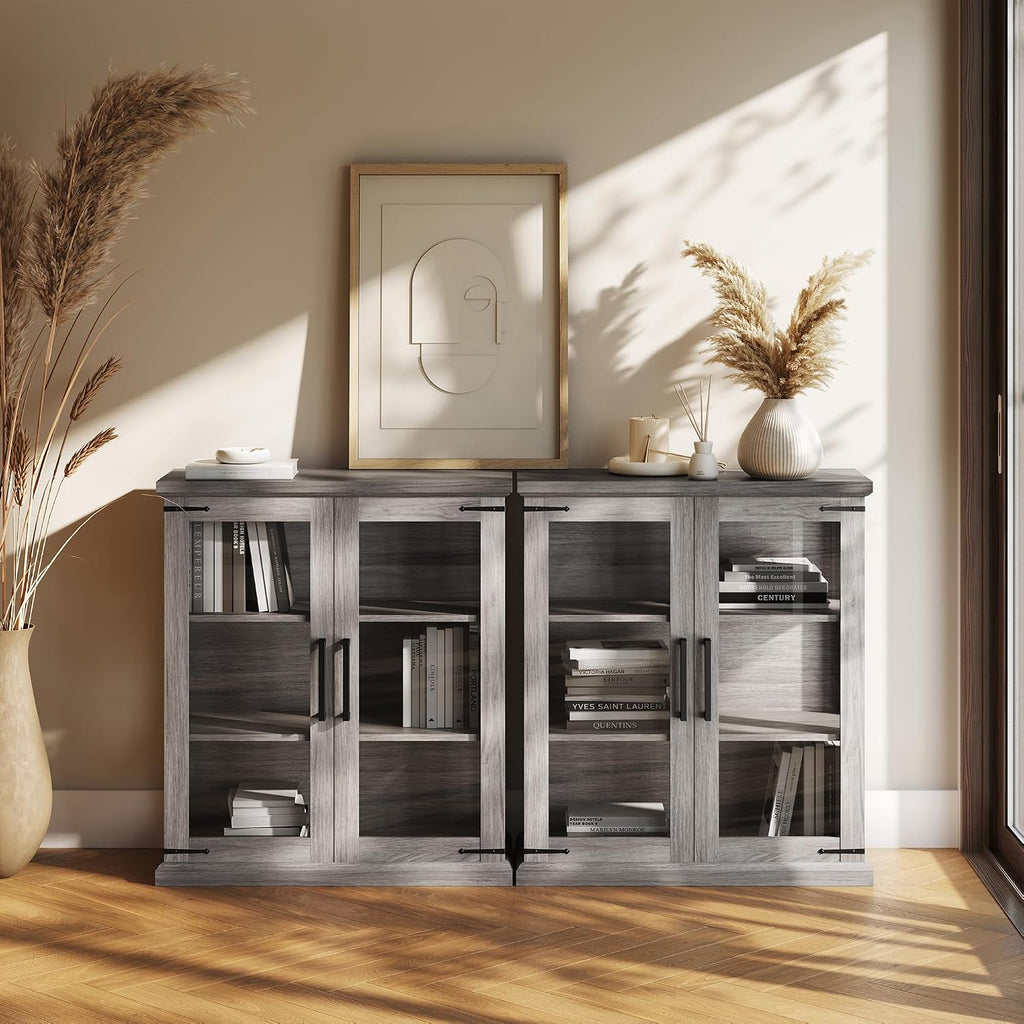 BELLEZE Set of 2 Glass Display Cabinet, 36" Tall Cabinet with Shelves and Glass Doors for Entryway, Living Room, Hallway, or Kitchen - Ashford (Gray Wash)