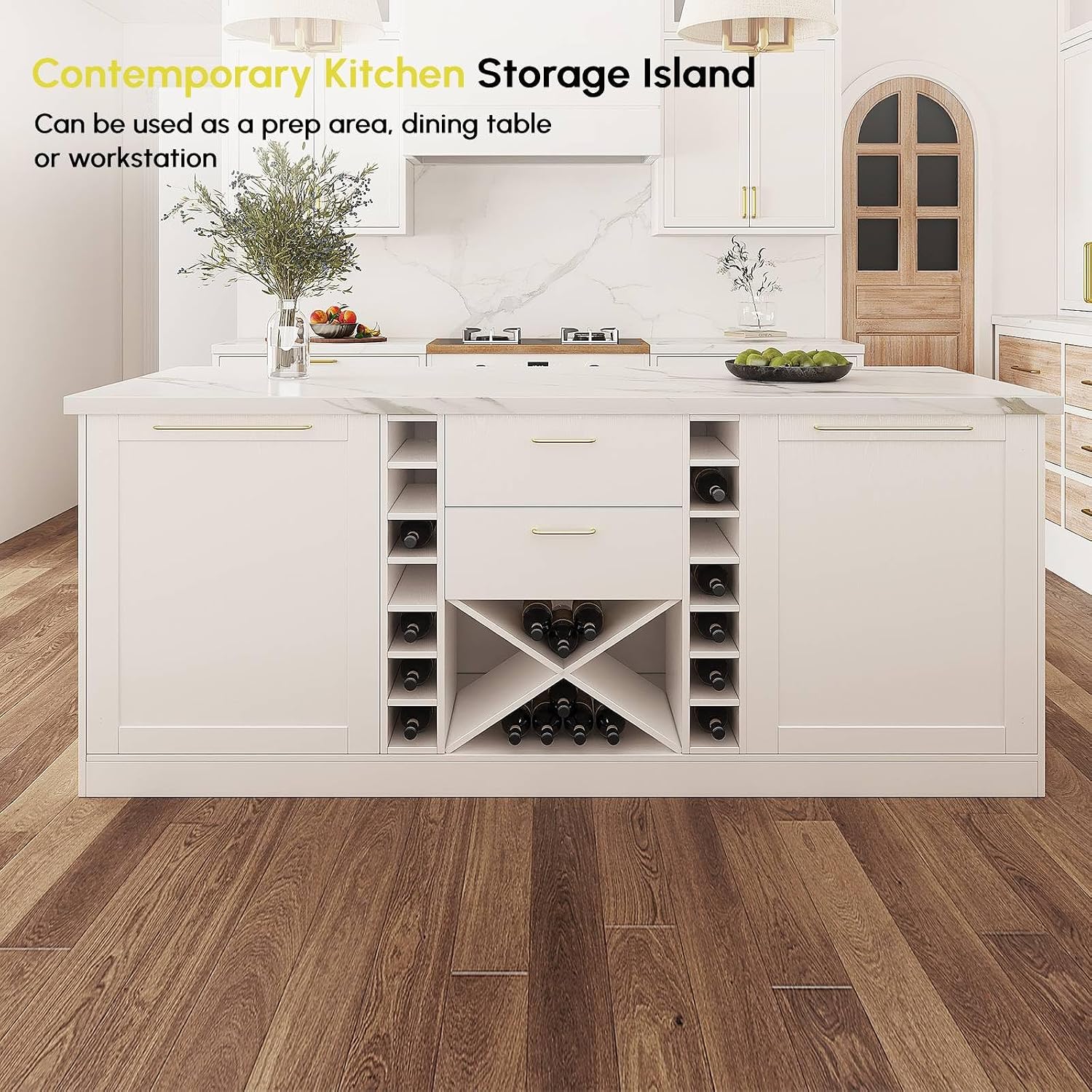 72" Kitchen Island with Storage,White Marble Melamine Cabinet with Drawers, Shelves & Wine Rack for Kitchen or Dining Room