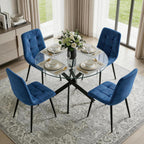 Dining Table Set for 4, Round Glass Kitchen Table with 4 Blue Highback Tufted Velvet Side Chairs, 5-Piece Modern Dining Room Set for Kitchen, Apartment, Small Spaces
