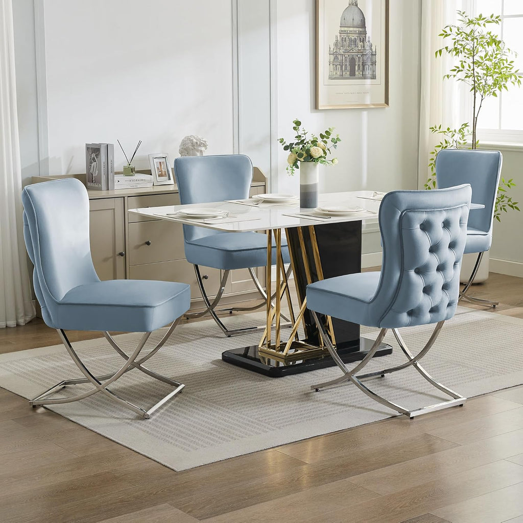 WUTUTUEE Luxury Velvet Dining Chairs, Tufted Upholstered Armless Accent Chairs with Silver Metal X-Legs, Modern Glam Dining Room Chair Set of 2, Light Blue