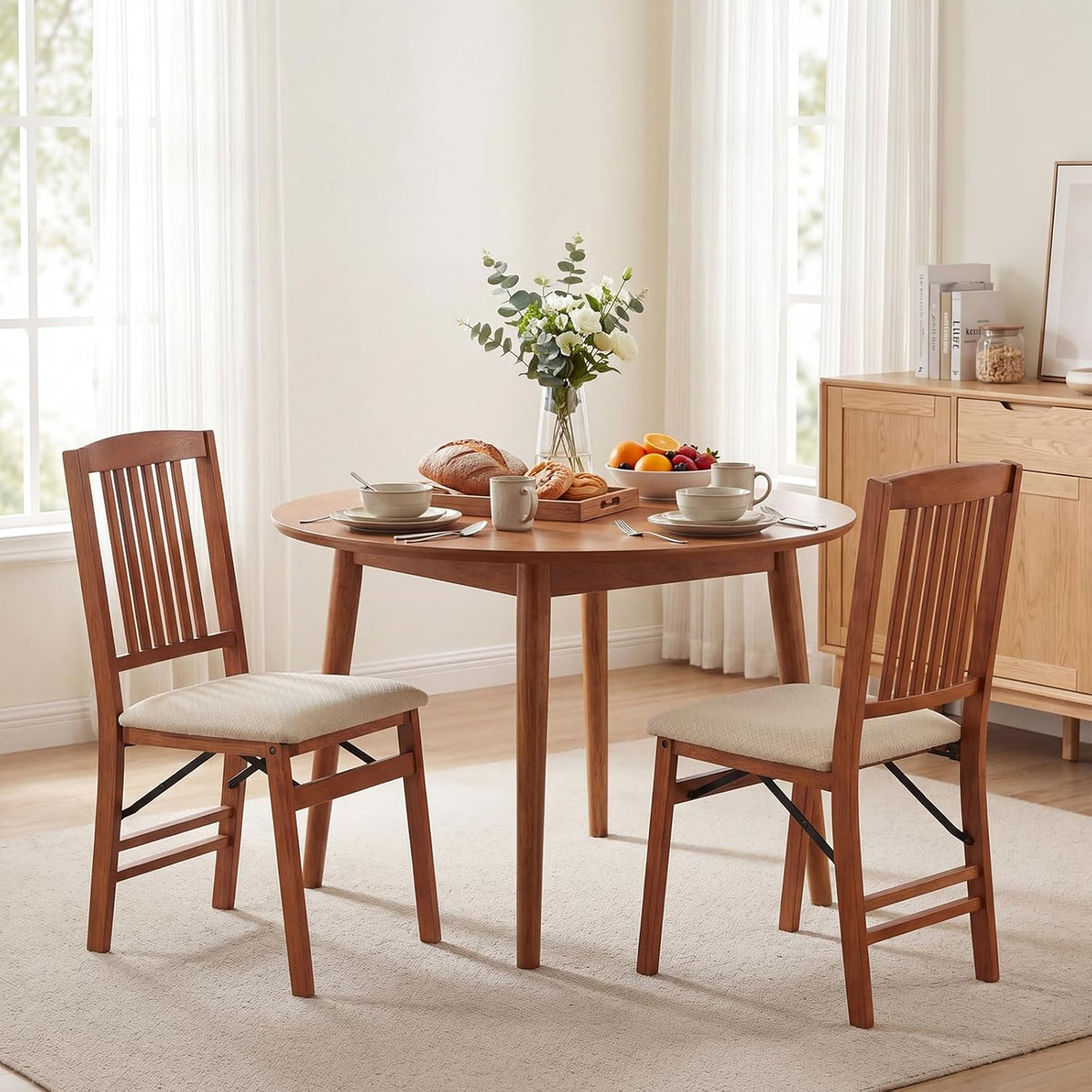 Giantex Folding Dining Chairs Set of 2, Foldable Wood Kitchen Chairs with Padded Seat, Max Load 420 Lbs, No Assembly, Wooden Dining Room Chair, Armless Side Chair for Home Apartment, Fruitwood & Beige