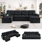 107'' LED U-Shaped Sectional Couch for Living Room, Sleeper Sofa Bed, Black | Comfy Chenille Cloud Couch, Pull Out Bed, Storage Chaise, 5-level Adjustable Backrest, USB Charging, 2 Pillow,1100LB Capacity