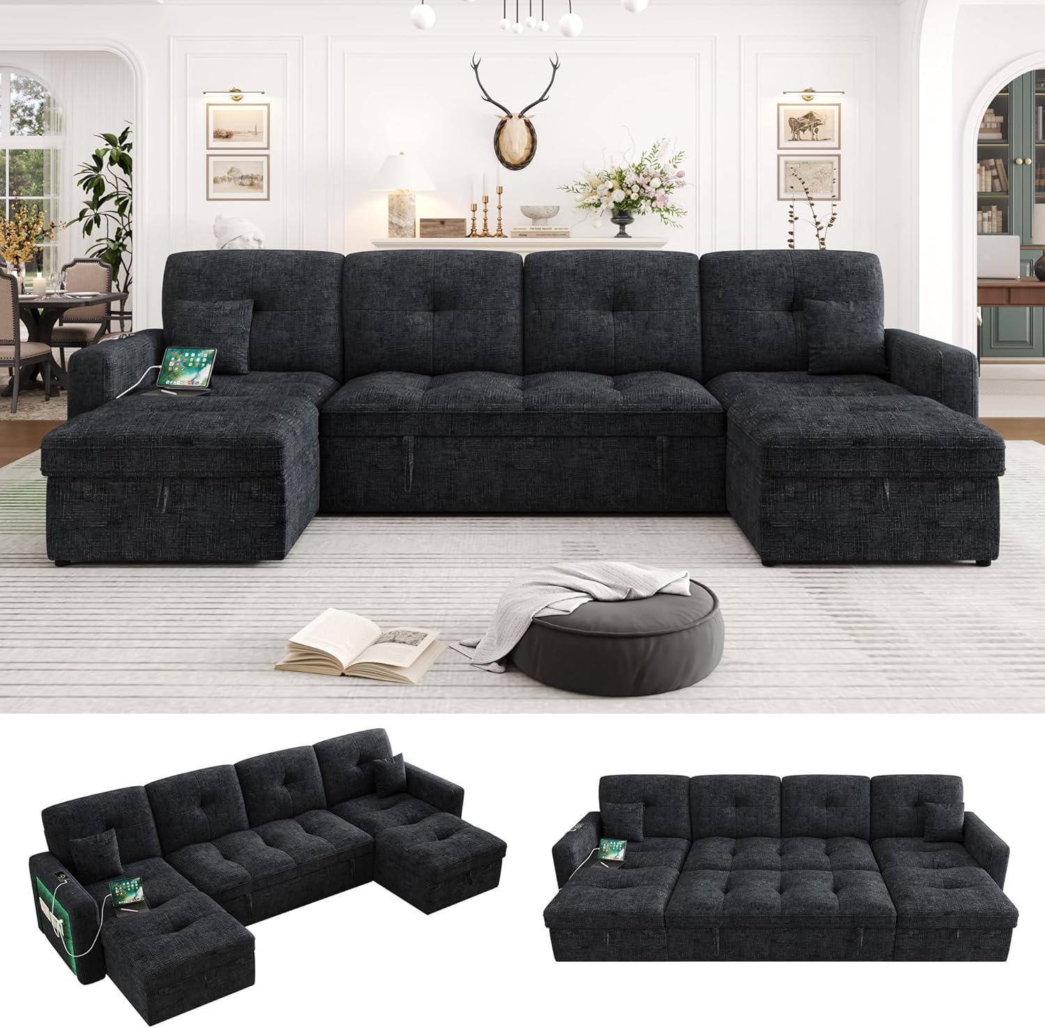107'' LED U-Shaped Sectional Couch for Living Room, Sleeper Sofa Bed, Black | Comfy Chenille Cloud Couch, Pull Out Bed, Storage Chaise, 5-level Adjustable Backrest, USB Charging, 2 Pillow,1100LB Capacity