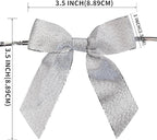 50pcs 3-1/2" Metallic Silver Glitter Ribbon Bows with Twist Ties for Gift Wrapping Packing Christmas Big Bows for Holiday Decoration (Silver)