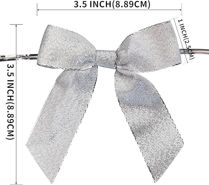 50pcs 3-1/2" Metallic Silver Glitter Ribbon Bows with Twist Ties for Gift Wrapping Packing Christmas Big Bows for Holiday Decoration (Silver)