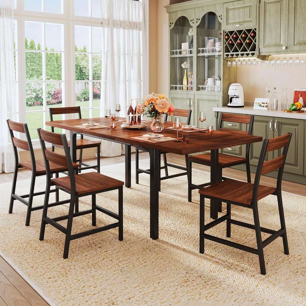 ALEXNUTRE 7-Piece Dining Table Set for 4-6, 63" Large Extendable Kitchen Table Set with 6 Chairs, Curved Backrest, Dining Room Table with Solid Metal Frame & MDF Board, Easy Assembly, Walnut