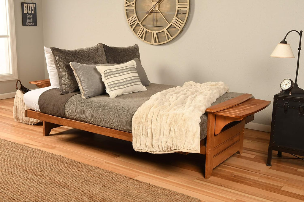 Phoenix Full Size Futon Couch with Linen Fabric Mattress Included - Wooden Frame - Solid Hardwood Construction