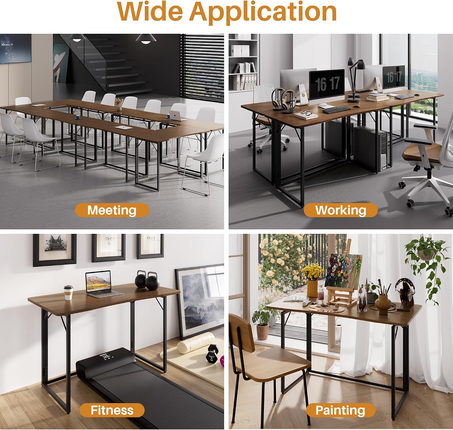 JOYMOOP 47.2" Brown Folding Desk, No Assembly, Wooden Top, Large Size | Versatile Foldable Desk for Work, Study, Craft | Slim-Folding Storage | 150 lbs, Safe Corners | Metal Legs Foldable Table
