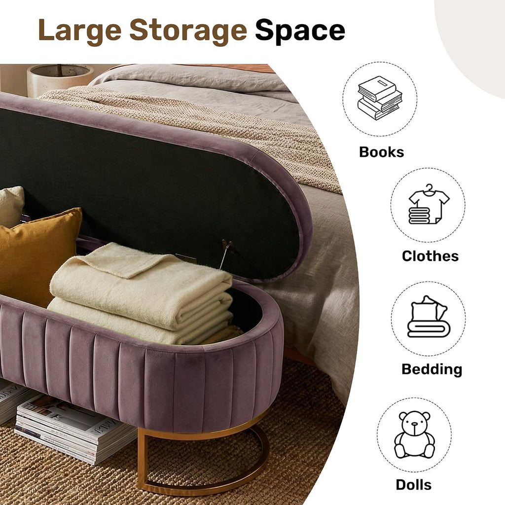 51" Velvet Storage Ottoman Bench End of Bed for Bedroom Entryway Purple | Velvet Large Storage Solid Wood with Metal Leg 300 lbs Weight