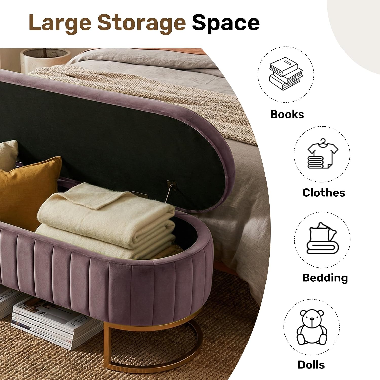 51" Velvet Storage Ottoman Bench End of Bed for Bedroom Entryway Purple | Velvet Large Storage Solid Wood with Metal Leg 300 lbs Weight
