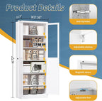 Kitchen Pantry Cabinet, 72" H Storage Cabinet with Glass Doors and Adjustable Shelves, Metal Bathroom Cabinets, Utility Cabinets for Kitchen, Living Room Assembly Required, White