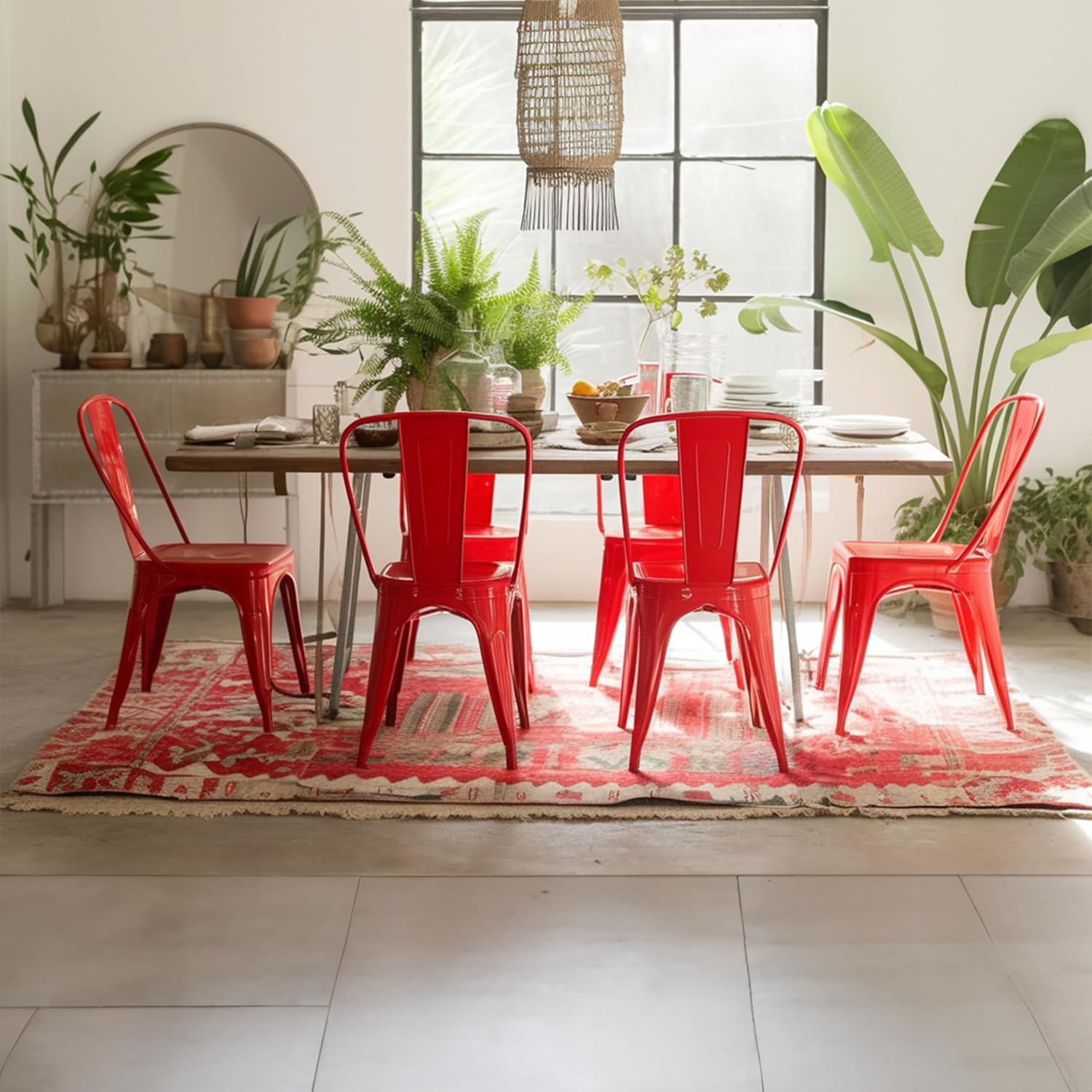 AC Pacific 18 Inch Seat Height Industrial Metal Dining Chairs, Stackable Kitchen or Bar Seat, Durable Modern Design, Versatile Accent Furniture, Set of 2, Red