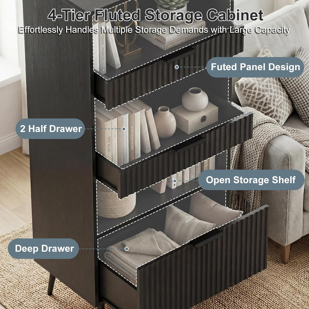 Bathroom Storage Cabinet Set of 2, 47.2" Wide 5-Tier Freestanding Pantry Cabinet with 6 Extra-Large Drawers & 2 Open Shelves, Fluted Floor Organizer Cupboard for Kitchen, Living Room, Anti-Tip, Black