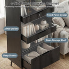 Bathroom Storage Cabinet Set of 2, 47.2" Wide 5-Tier Freestanding Pantry Cabinet with 6 Extra-Large Drawers & 2 Open Shelves, Fluted Floor Organizer Cupboard for Kitchen, Living Room, Anti-Tip, Black