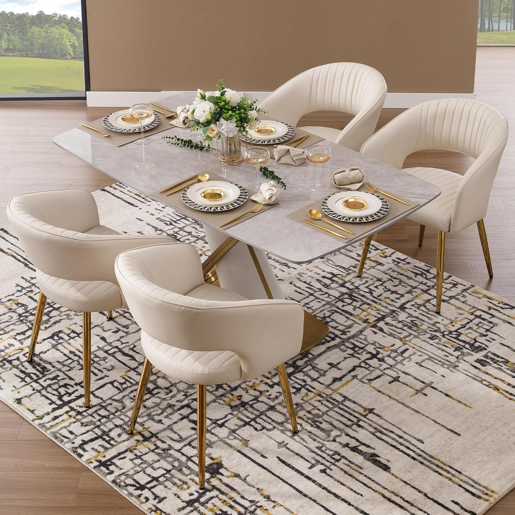Modern Dining Chairs Set of 4, Upholstered PU Leather Dining Room Chairs with Gold Metal Legs, Accent Kitchen Chairs with Curved Backrest for Living Room, Cream