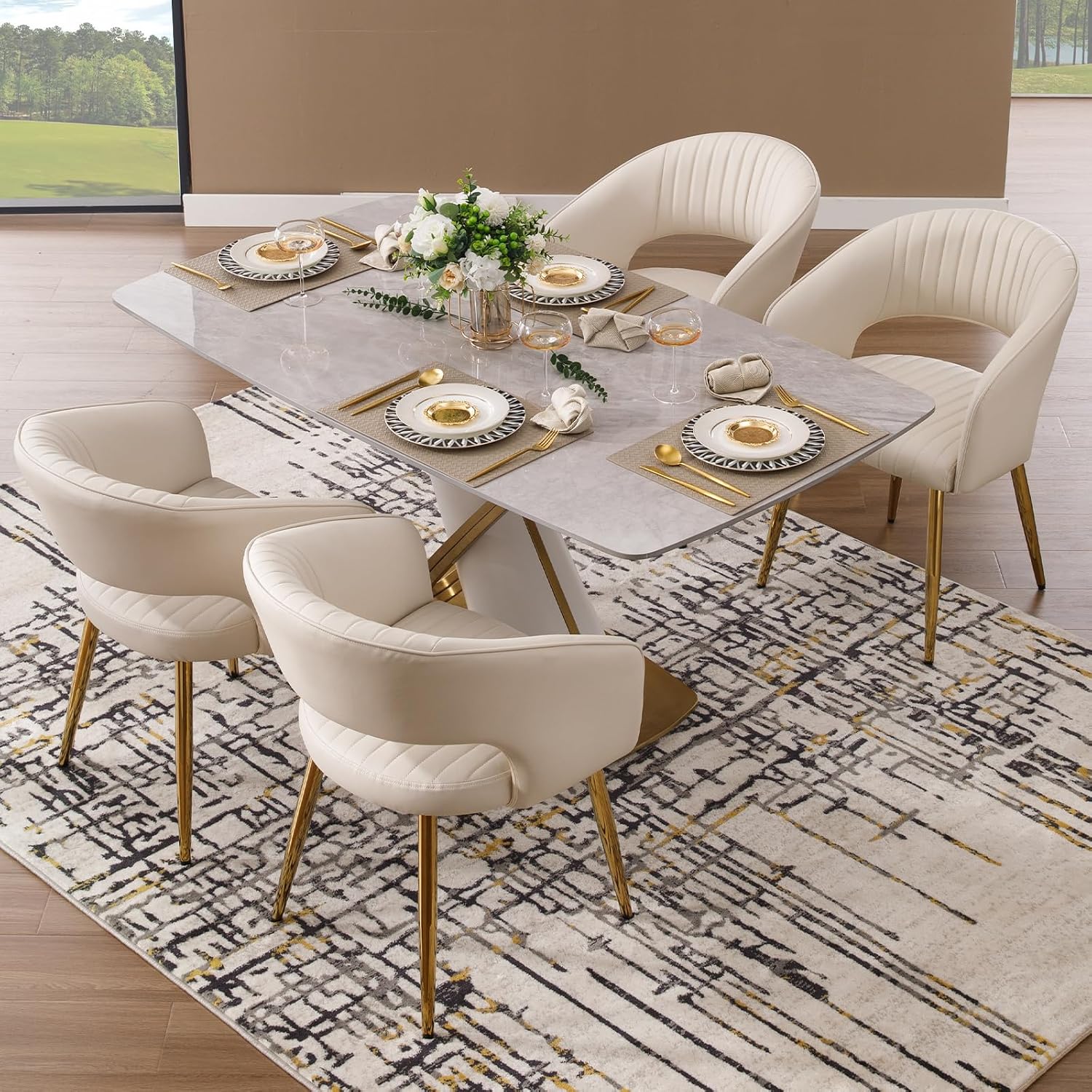 Modern Dining Chairs Set of 4, Upholstered PU Leather Dining Room Chairs with Gold Metal Legs, Accent Kitchen Chairs with Curved Backrest for Living Room, Cream