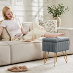 DUMOS Vanity Storage Ottoman Stool, Compact Faux Fur Footstool with Soft Seat, Modern Cute with 4 Metal Legs & Adjustable Feet for Bedroom, Living Room, Dressing Area & Dorm Grey