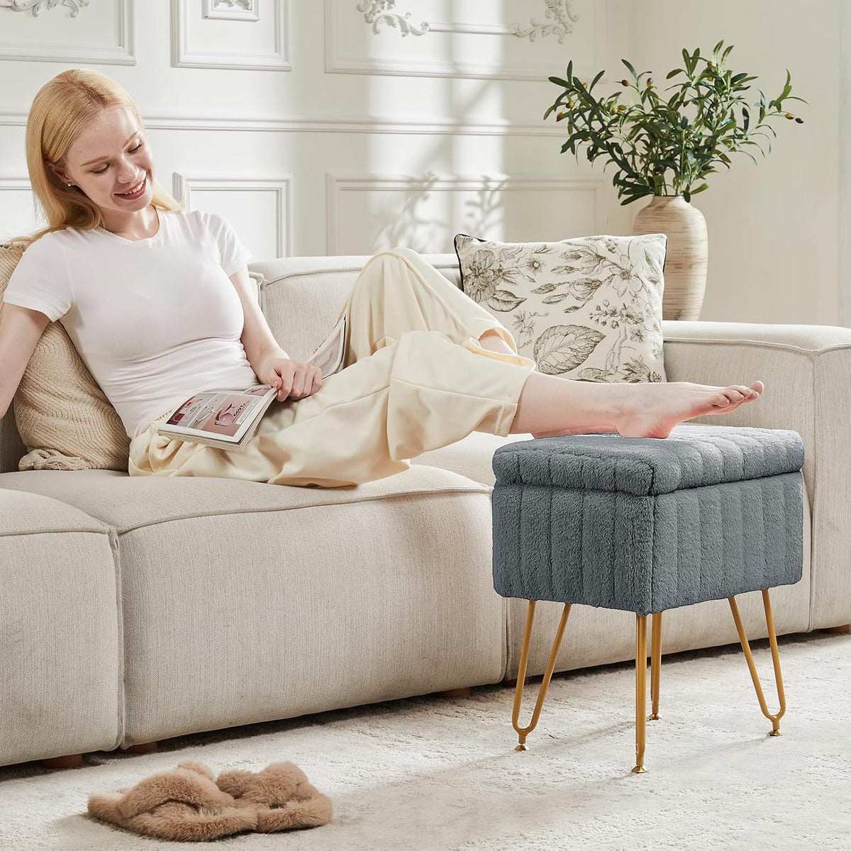 DUMOS Vanity Storage Ottoman Stool, Compact Faux Fur Footstool with Soft Seat, Modern Cute with 4 Metal Legs & Adjustable Feet for Bedroom, Living Room, Dressing Area & Dorm Grey