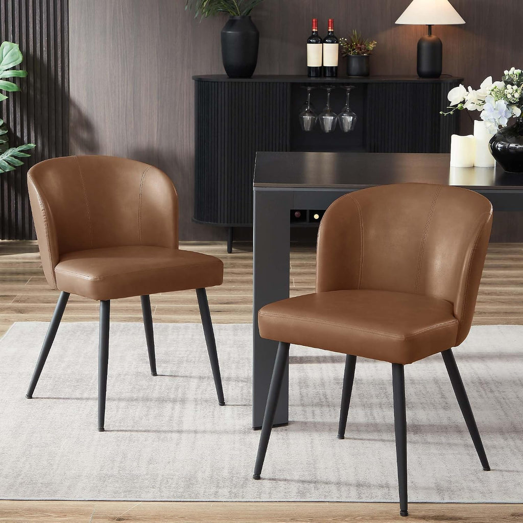 BedsPick Dining Chairs Set of 2 - PU Leather Kitchen Chairs with Metal Legs, Mid-Century Modern Upholstered Dining Room Chair for Kitchen, Living Room, Caramel Brown