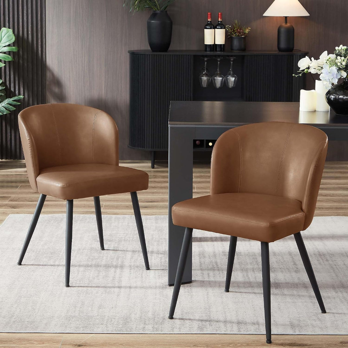BedsPick Dining Chairs Set of 2 - PU Leather Kitchen Chairs with Metal Legs, Mid-Century Modern Upholstered Dining Room Chair for Kitchen, Living Room, Caramel Brown