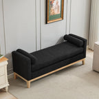 KEIKI Oversize Boucle Bench Ottoman with 2 Bolster Pillows & Wood Legs, Upholstered End of Bed Daybed Seating, Foot Rest Stool Furniture for Bedroom, Living Room, Entryway, Black Natural